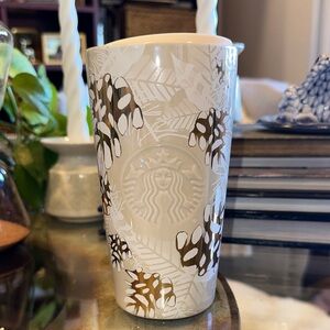 Starbucks Beige white Brown gold Leaf pine cone Pattern Tumbler to go mug 2020